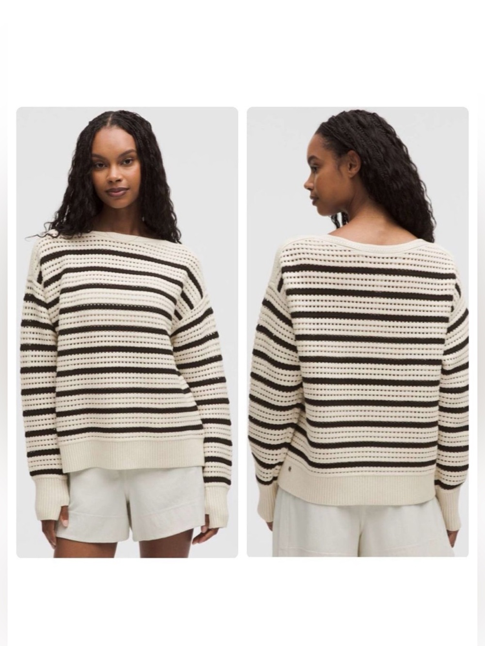 lululemon athletica Striped Open-Knit Crochet Crew Sweater